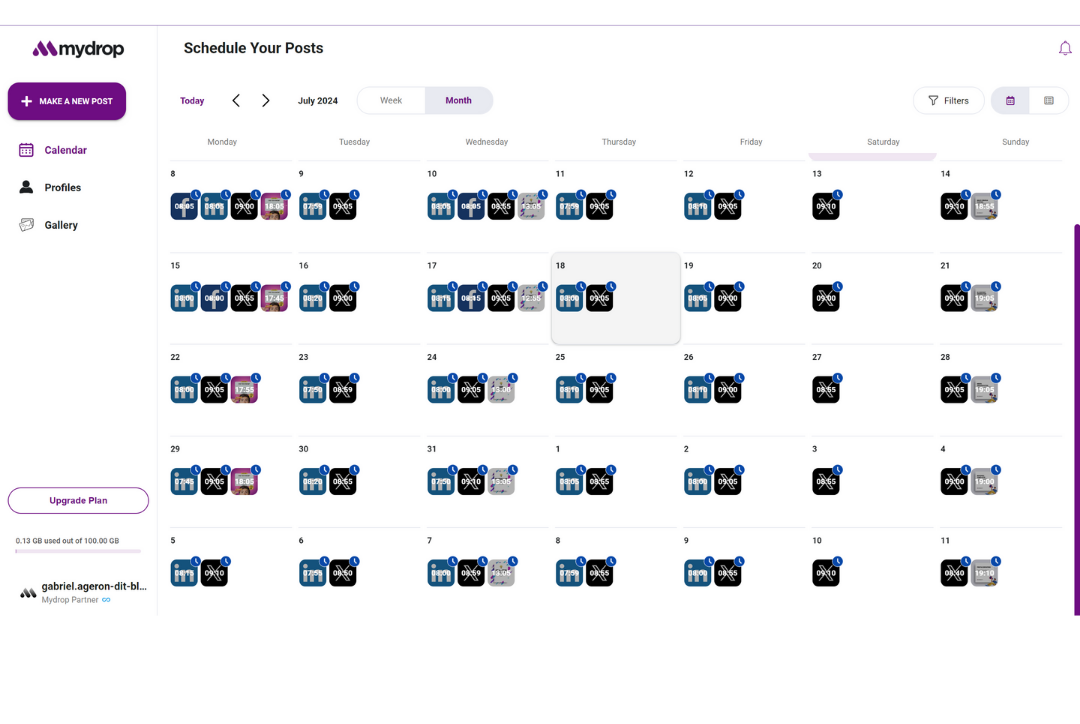 Social media content calendar filled with scheduled posts across channels