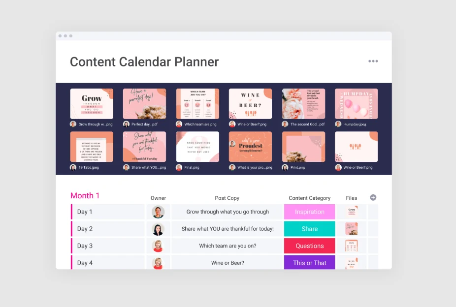 Weekly social media planning board with content slots and publishing schedule