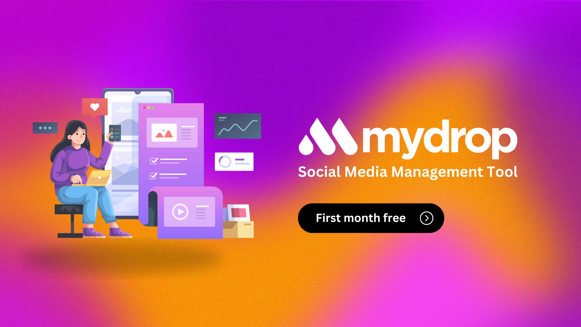 Mydrop interface on multiple tablets showing scheduling, automation, and contact workflows.